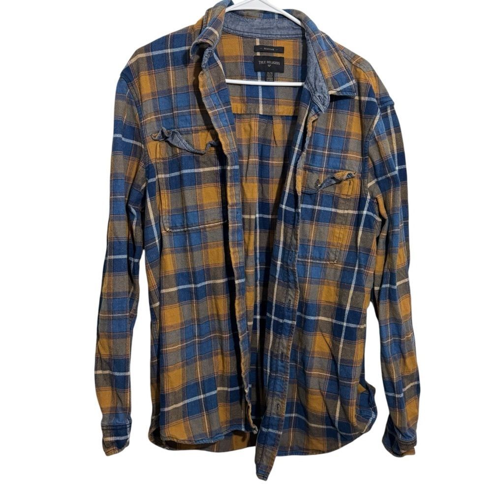 True Religion Jacquard Gold & Blue Button Down Plaid Flannel Shirt